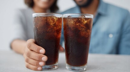 Two chilled glasses of fizzy cola clink, celebrating friendship's effervescent dance, perfect for International Friendship Day toast