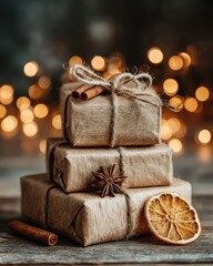 Ethical Autumn Gifting, rustic jute-tied gift boxes stacked with dried orange, cinnamon, and star anise, warm-toned festive lighting and sustainable textures for cozy, zero-waste holiday presentation