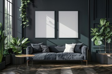 Home interior, luxury modern dark living room interior, poster frame mock up, 3d render