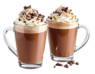 Two glasses of hot chocolate, topped with whipped cream and chocolate shavings, sit side by side