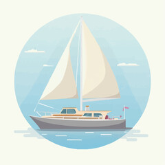Fototapeta premium A sleek white sailboat glides across calm blue water under a bright sky with fluffy clouds, an idyllic scene of maritime leisure and adventure