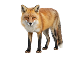 Isolated red fox standing alert looking straight, wildlife animal species on plain backdrop