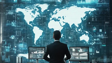 Business professional analyzes financial statistics in modern office overlooking global data trends, business man works with financial statistics people and technology - Powered by Adobe