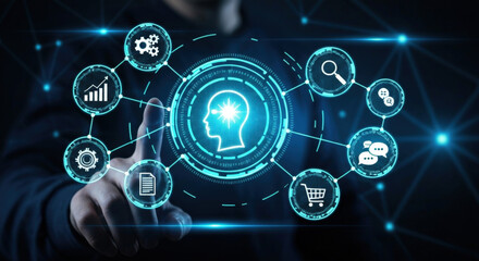 With a focused touch, a businessman activates a glowing AI Agent icon on a digital network, which visualizes active Generative AI models and RPA data analysis.