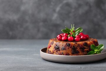 Festive cranberry-studded fruitcake whispers Yuletide indulgence, evoking nostalgic Victorian Christmas and quirky Wren Day celebrations