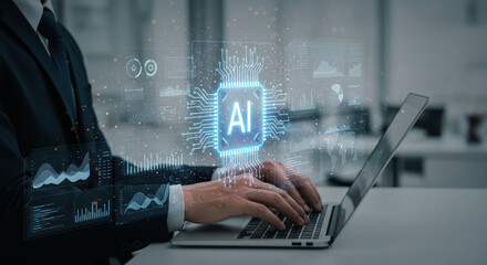 A modern businessman interacts with an advanced RPA and data analysis system by touch, illustrating the seamless integration of AI Agent and Generative AI technologies.