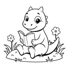 Adorable cartoon baby dinosaur character sitting on a grassy mound reading a book surrounded by small flowers isolated on white background © LailaArtworks