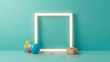Blank white frame with colorful easter eggs and decorations on teal background