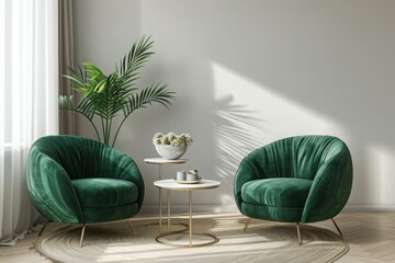 Home interior mock-up with green armchairs, table and decor in living room, 3d render