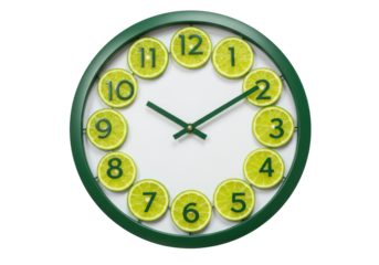 Isolated lime clock showing five minutes after nine o'clock green hands and limes clockface