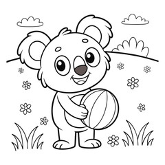 Cute cartoon koala holding a striped ball in a field with flowers and clouds simple line art illustration isolated on white background