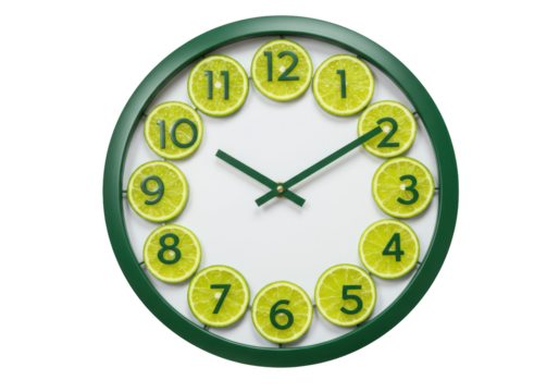 Isolated lime clock showing five minutes after nine o'clock green hands and limes clockface