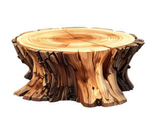A detailed, round tree stump, displaying intricate wood grain and texture