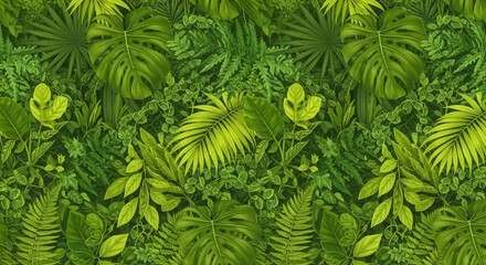 Lush Greenery and Botanical Pattern Featuring Tropical Leaves in a Dense Forest Backdrop
