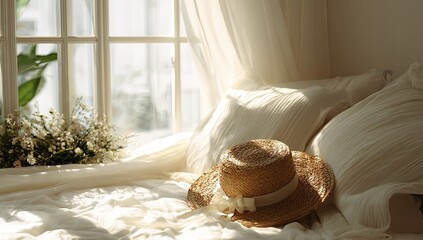 Sunlight streams into a bedroom with a straw hat on a bed