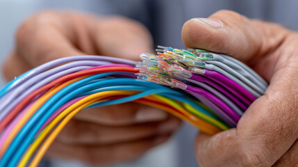 This image shows a close-up of hands holding a bundle of colorful network cables with clear connectors at the ends. The wires are neatly organized in vibrant shades of purple, blue, orange, yellow, re