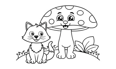 Cute cartoon kitten sitting next to a happy smiling mushroom with spots and leaves in a whimsical forest scene isolated on white background