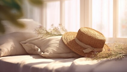 Straw hat rests on bed by window, sunlight