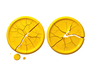 Two golden, circular objects, cracked into a network of fissures, appear as if broken