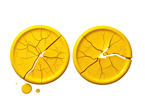 Two golden, circular objects, cracked into a network of fissures, appear as if broken