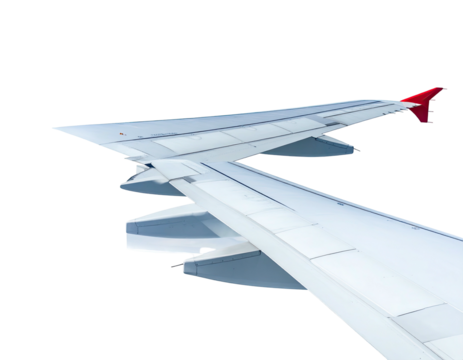 Close-up of a passenger jet wing, showing the trailing edge and intricate structure - Powered by Adobe