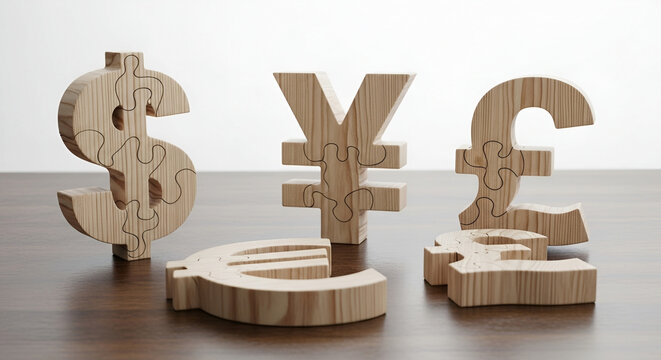 Wooden puzzle pieces shaped as currency symbols stand on a wooden surface, representing global finance.