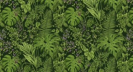Lush Tropical Foliage Seamless Pattern with Monstera and Ferns in Dark Green and Violet Floral