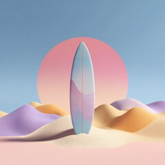 Pastel surfboard in a desert landscape.  A vibrant, pastel-colored surfboard stands upright in a sandy landscape against a soft, gradient sky. 