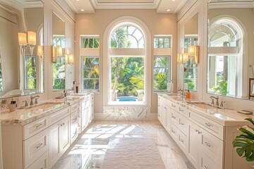 Beautiful bathroom in new luxury home with two vanities, sinks, and mirrors.
