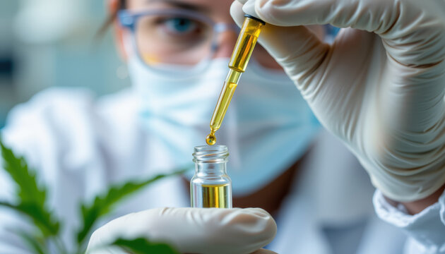 Scientist pipetting cannabis extract into glass vial, laboratory test and research, focused