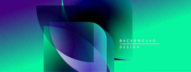 Abstract geometric shapes overlap, creating vibrant color gradients. Turquoise, purple hues dominate design. Modern aesthetic.