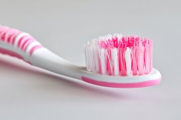 Close-up of a toothbrush head, featuring a white handle with pink accents and bristles