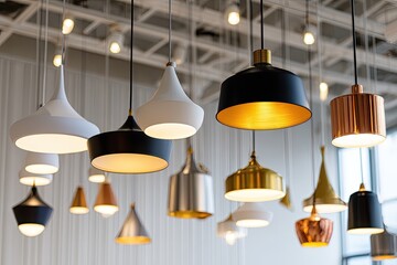 Multiple pendant lights in various colors and shapes hang from a ceiling