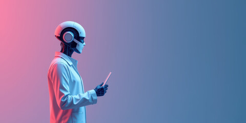 Futuristic robot in lab coat holds device, showcasing advanced technology and innovation