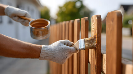 Person applying stain on a wooden fence. The image showcases the process of painting a wooden fence, with a brush in hand, and gloves