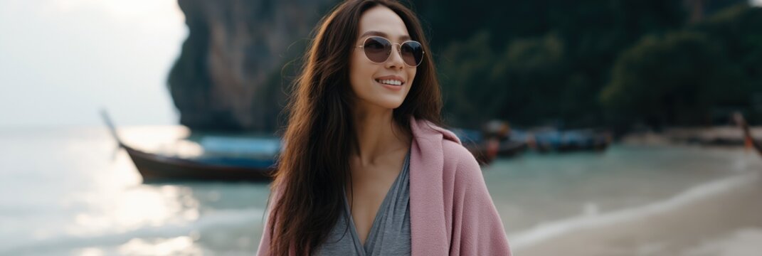 Young asian woman smiling on a tropical beach with sunglasses and pink shawl