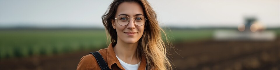 Obraz premium Young caucasian female with glasses in rural field setting at dusk