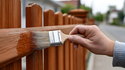 a hand painting the wooden fence with brown paint, showing the act of home improvement and the care put into a property