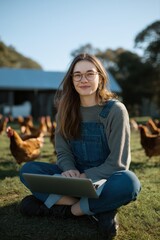 Obraz premium Young caucasian female enjoying outdoor work with chickens on farm