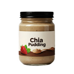 Glass jar labeled chia pudding, featuring strawberries and mint on packaging, ideal for health food or snack imagery.
