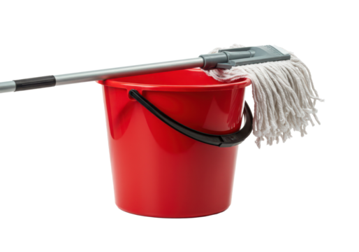 Household mop resting on a red plastic bucket, commonly used for floor cleaning, janitorial tasks, or maintenance visuals.

