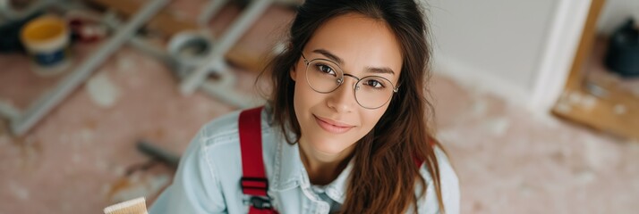 Asian young female painter smiling in home renovation scene