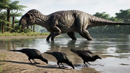 Giganotosaurus dinosaur wading through a calm prehistoric river in a dense jungle environment, while three crows drink water from the sandy shore nearby, illustrating a primal ecosystem - Powered by Adobe