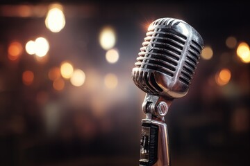 Vintage microphone on stage, warm lights blurred background