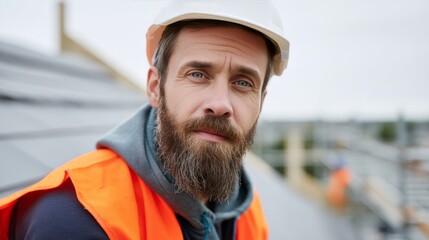 A reflective Caucasian male construction worker in vibrant orange vest, capturing the spirit of Labor Day or Constructivist Week