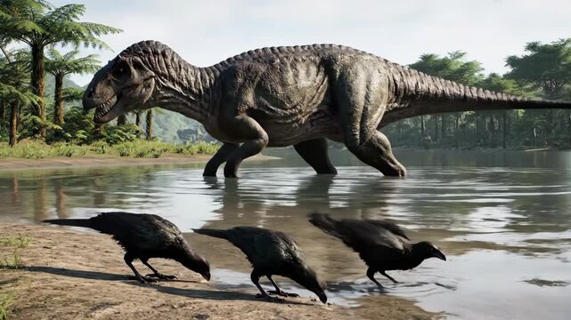 Giganotosaurus dinosaur wading through a calm prehistoric river in a dense jungle environment, while three crows drink water from the sandy shore nearby, illustrating a primal ecosystem
