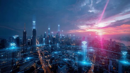 Futuristic smart city skyline at night with holographic AR interface and 5G technology glowing in digital layers - Powered by Adobe