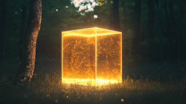 Glowing cube in a serene forest setting at dusk