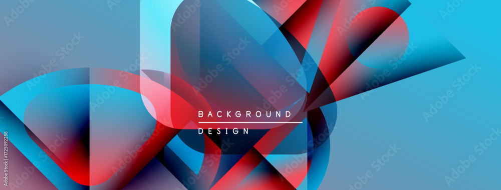 Poster abstract geometric shapes overlap, creating dynamic blue, red gradients. modern design elements sugg