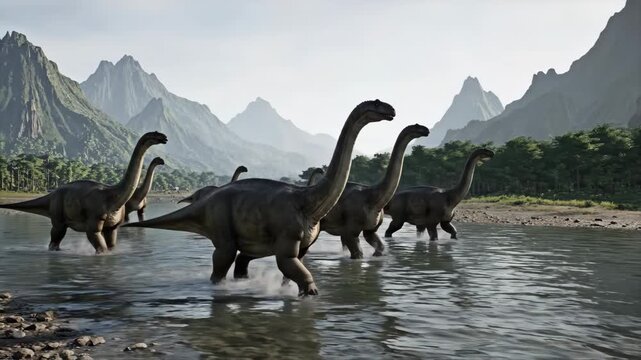 Herd of long-necked sauropod dinosaurs wading through a shallow river, surrounded by lush green foliage and towering misty mountains in a primeval jungle environment